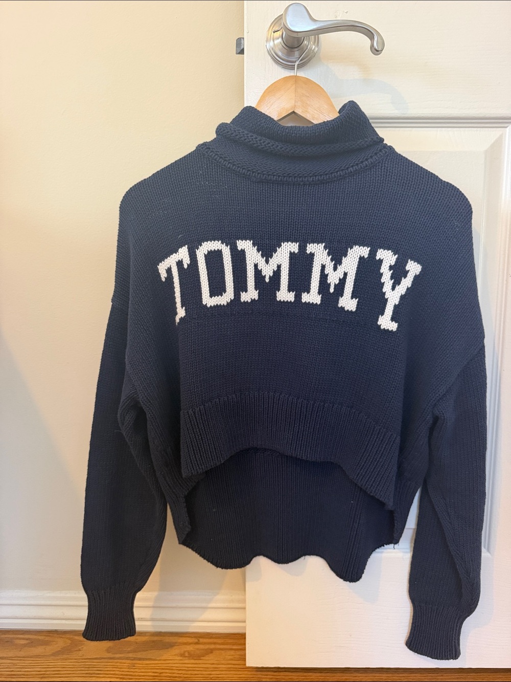 Tommy Hilfiger Navy and White Cropped Turtleneck Sweater